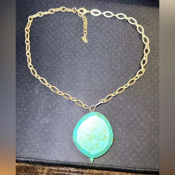 Gold Chain Necklace with Turquoise Pendant - Picture 2 of 5